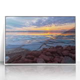 Art deco poster of Prince Edward Island, Canada, in muted green and blue tones on framed acrylic.