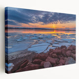 Scenic Prince Edward Island landscape on stretched canvas, featuring muted green and blue tones, ideal for kitchen wall art.