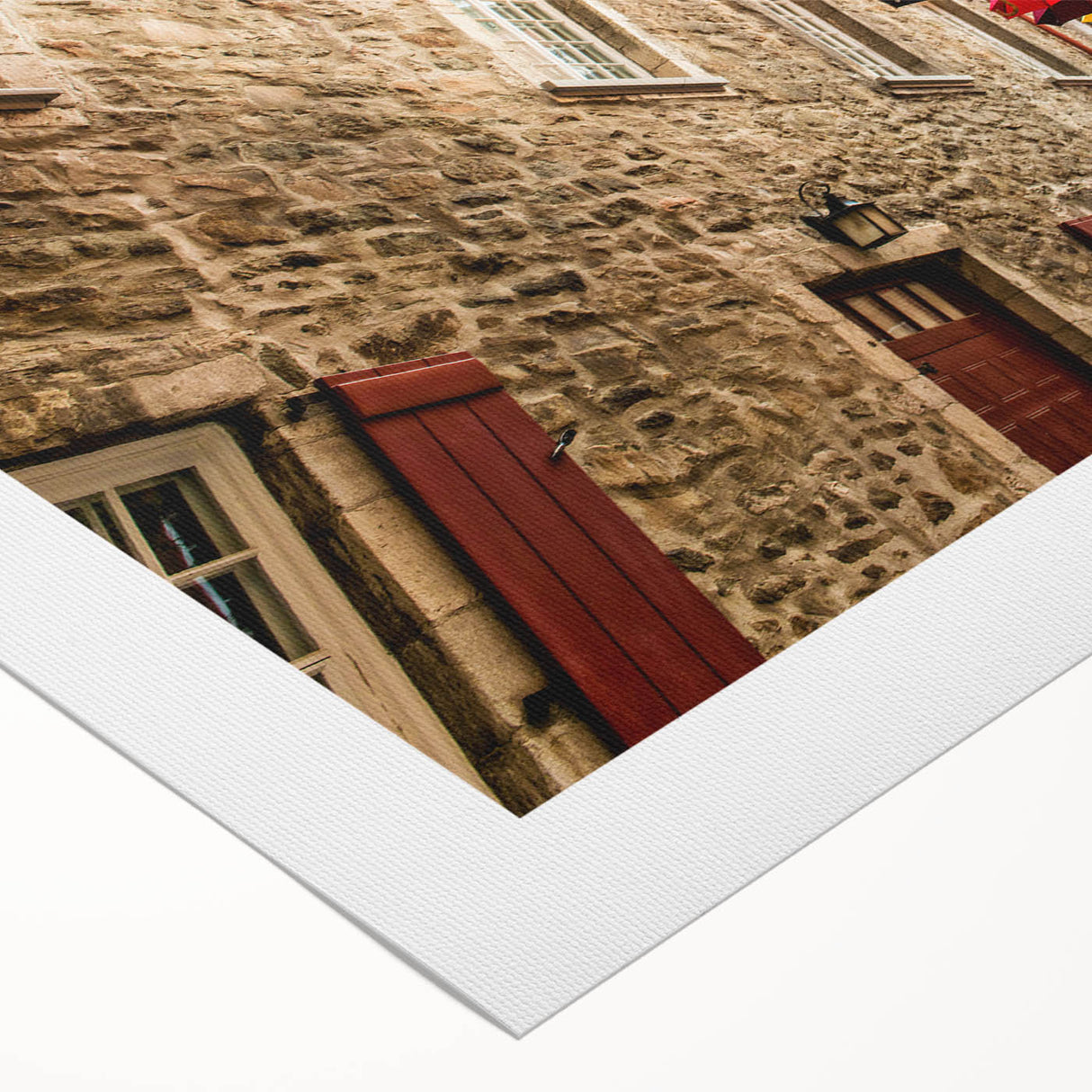 Art deco poster of Quebec scenery in muted gray and blue tones on rolled canvas, suitable for dining room wall art.