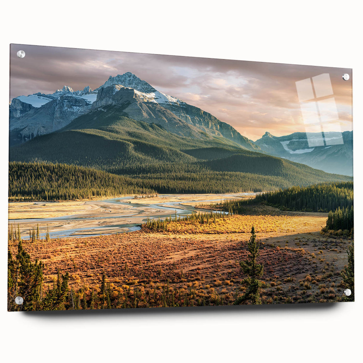 Acrylic print of a large abstract landscape in blue and green tones, suitable for dining room or bedroom decor.