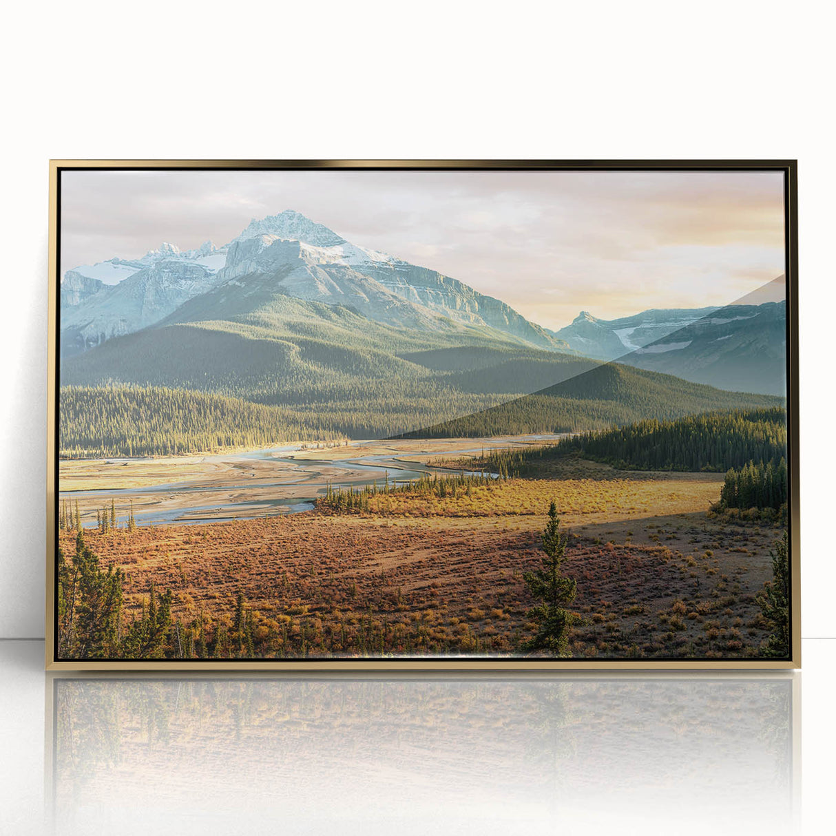 Large art print of a serene Saskatchewan landscape, featuring soft pastel colors on a framed acrylic.
