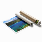 Serene Yukon landscape print on rolled canvas, featuring muted green and blue tones, ideal for classy bathroom wall art.