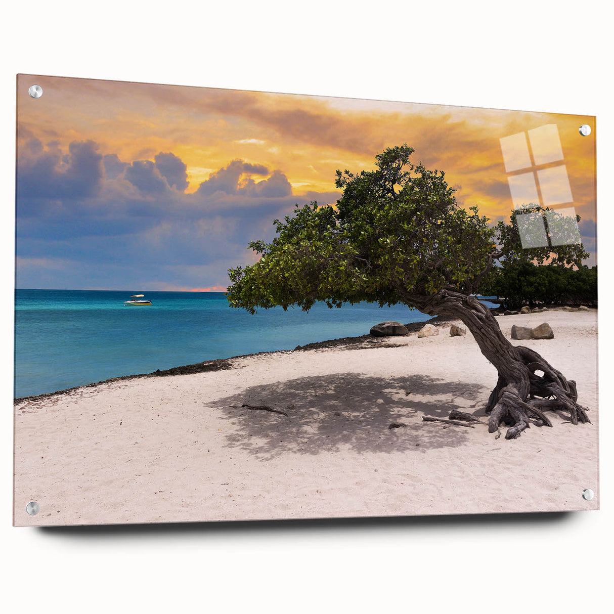 Acrylic print of a Caribbean beach scene in vibrant blue and white tones, ideal for bedroom or dining room decor.