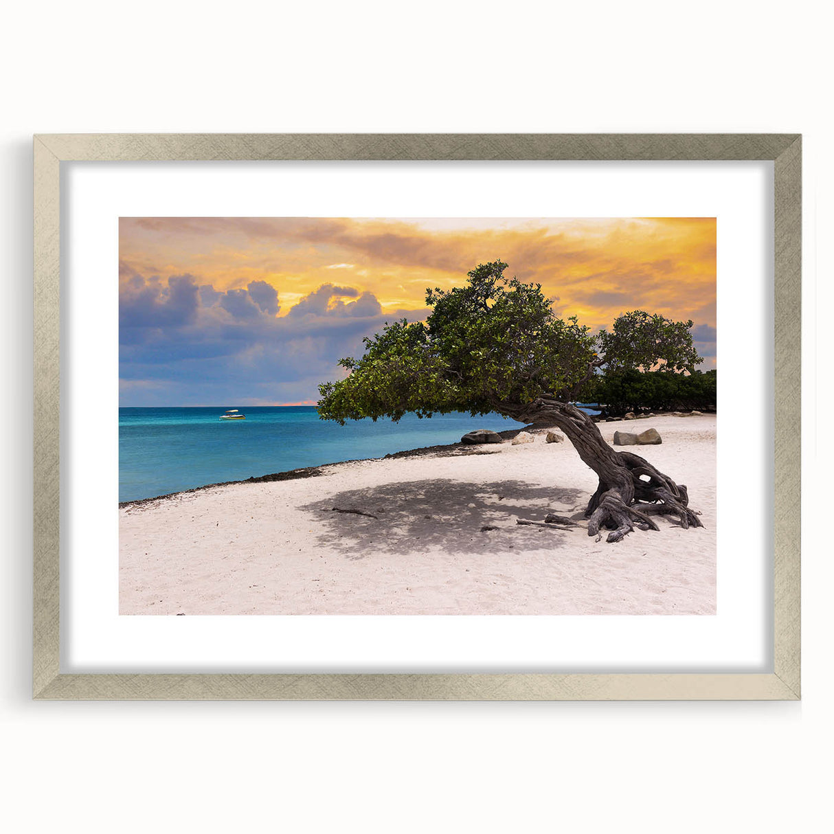 Extra large abstract art print depicting a textured Caribbean seascape in muted blue tones, framed in silver.