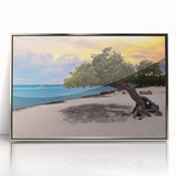 Large art print of a Caribbean Aruba scenery in a silver-framed acrylic, featuring mid-century modernist style.