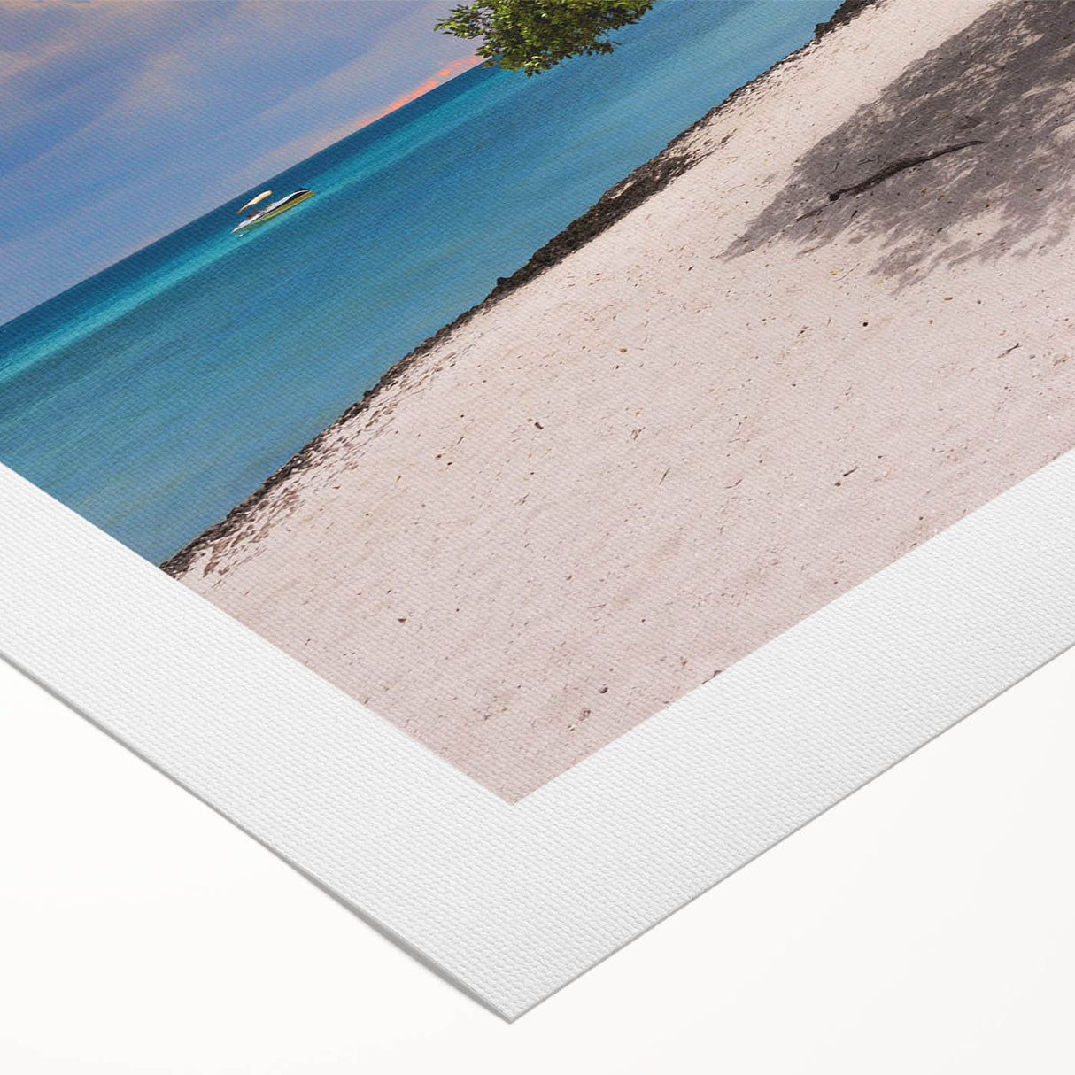 Art deco poster featuring a serene Caribbean beach scene on rolled canvas, suitable for dining room or bathroom wall art.