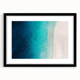 Extra large abstract art print of a Caribbean scenery in vibrant colors on textured canvas, framed in black.