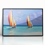 Large abstract wall art of a Caribbean seascape in vibrant blue and green tones on framed acrylic.