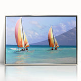 Mid-century modernist style large art print of a Caribbean Barbados scenery in vibrant hues, framed in silver acrylic.