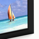 Extra large black wall art featuring a textured Caribbean Barbados scenery on framed canvas, with vibrant colors.