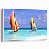 Framed canvas depicting a vintage-style Caribbean landscape with vibrant colors and black accents.