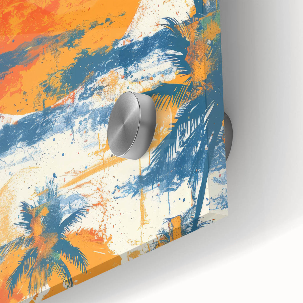 Large abstract wall art featuring a Caribbean Bermuda scene in vibrant blues and greens on acrylic glass.