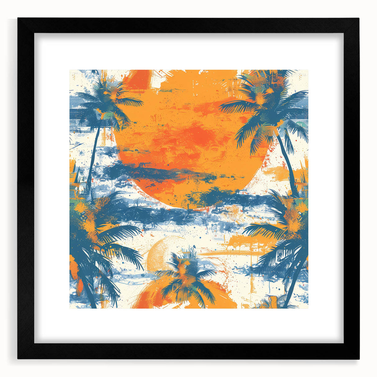 Extra large abstract art print depicting a colorful Caribbean scene on textured canvas, framed in black.