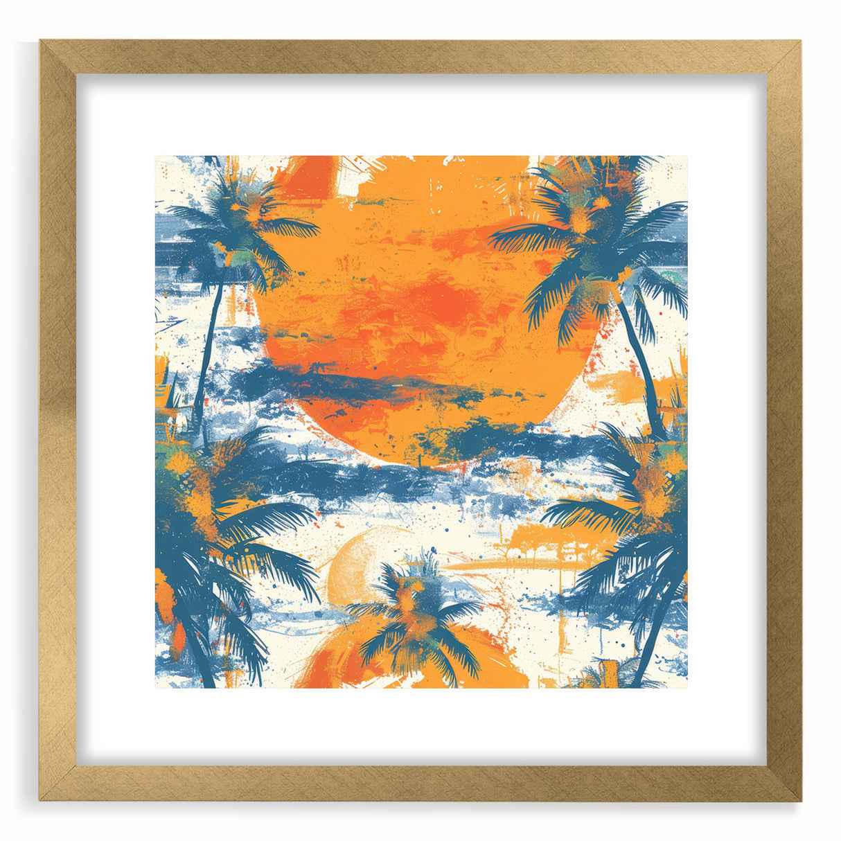 Abstract art print of a Caribbean seascape in cool blue and teal tones on a framed gold canvas.