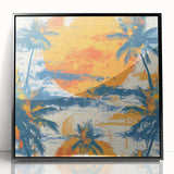 Large abstract wall art depicting Caribbean scenery in vibrant blues and greens on a framed acrylic print.