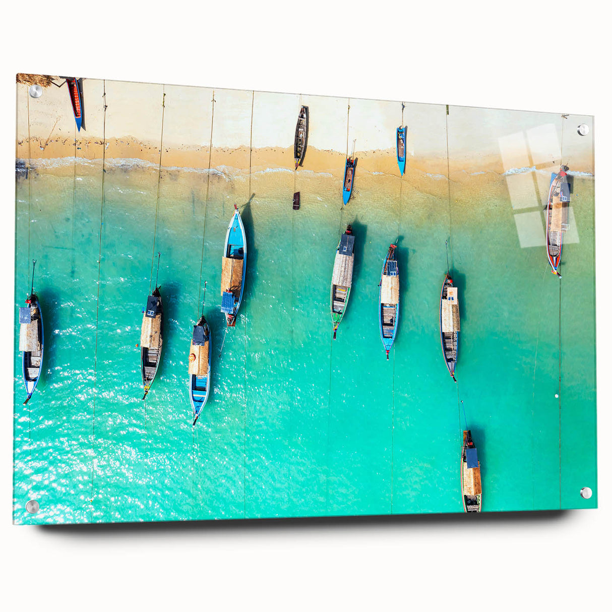 Large abstract wall art of a Caribbean scenery on acrylic glass, featuring vibrant blue and green tones.