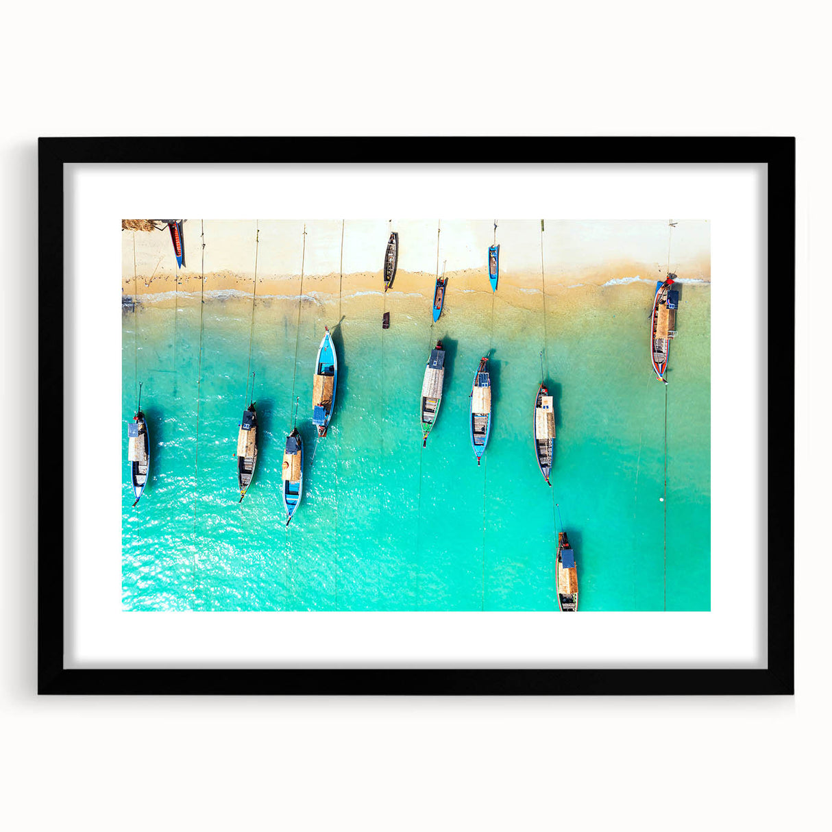 Extra large abstract art print of colorful Caribbean scenery on textured canvas, framed in black.