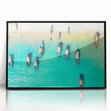 Large abstract wall art depicting a serene Caribbean scene in muted blues and greens, framed in black acrylic.