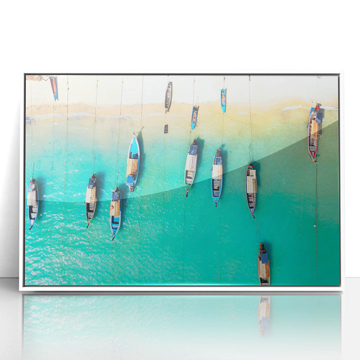 Mid-century modernist art depicting a Caribbean scenery on white-framed acrylic, with vibrant blue and green tones.