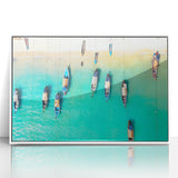 Mid-century modernist art depicting a Caribbean scenery on white-framed acrylic, with vibrant blue and green tones.