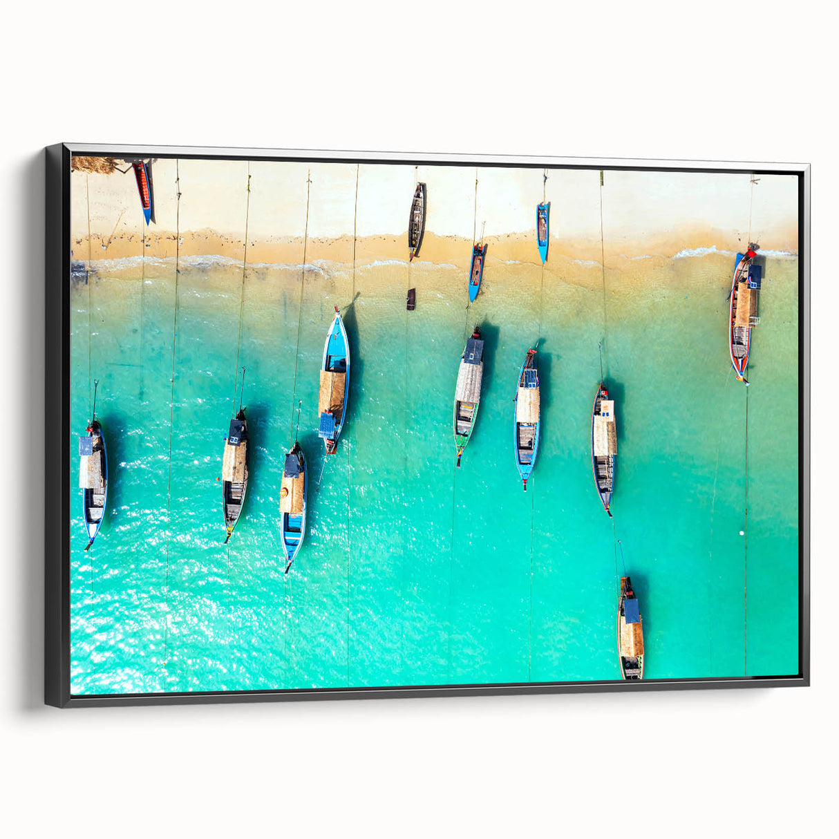 Black and white framed canvas of a Caribbean landscape, ideal for bedroom wall art.