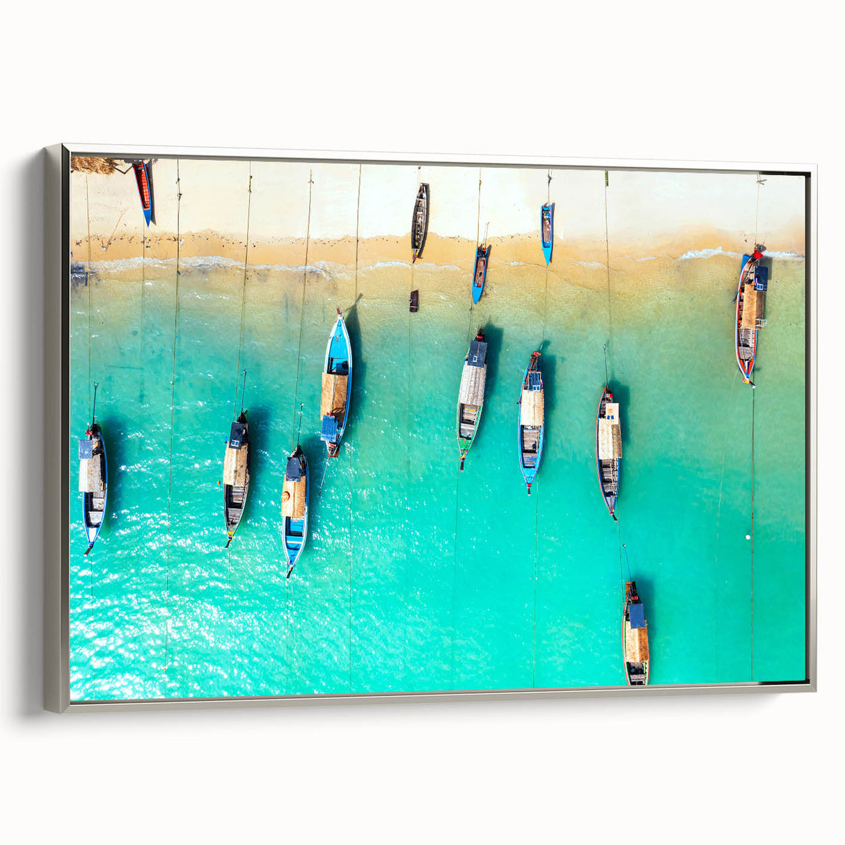 Framed canvas landscape art painting of a Caribbean scene with vibrant blue and green tones, ideal for living room decor.