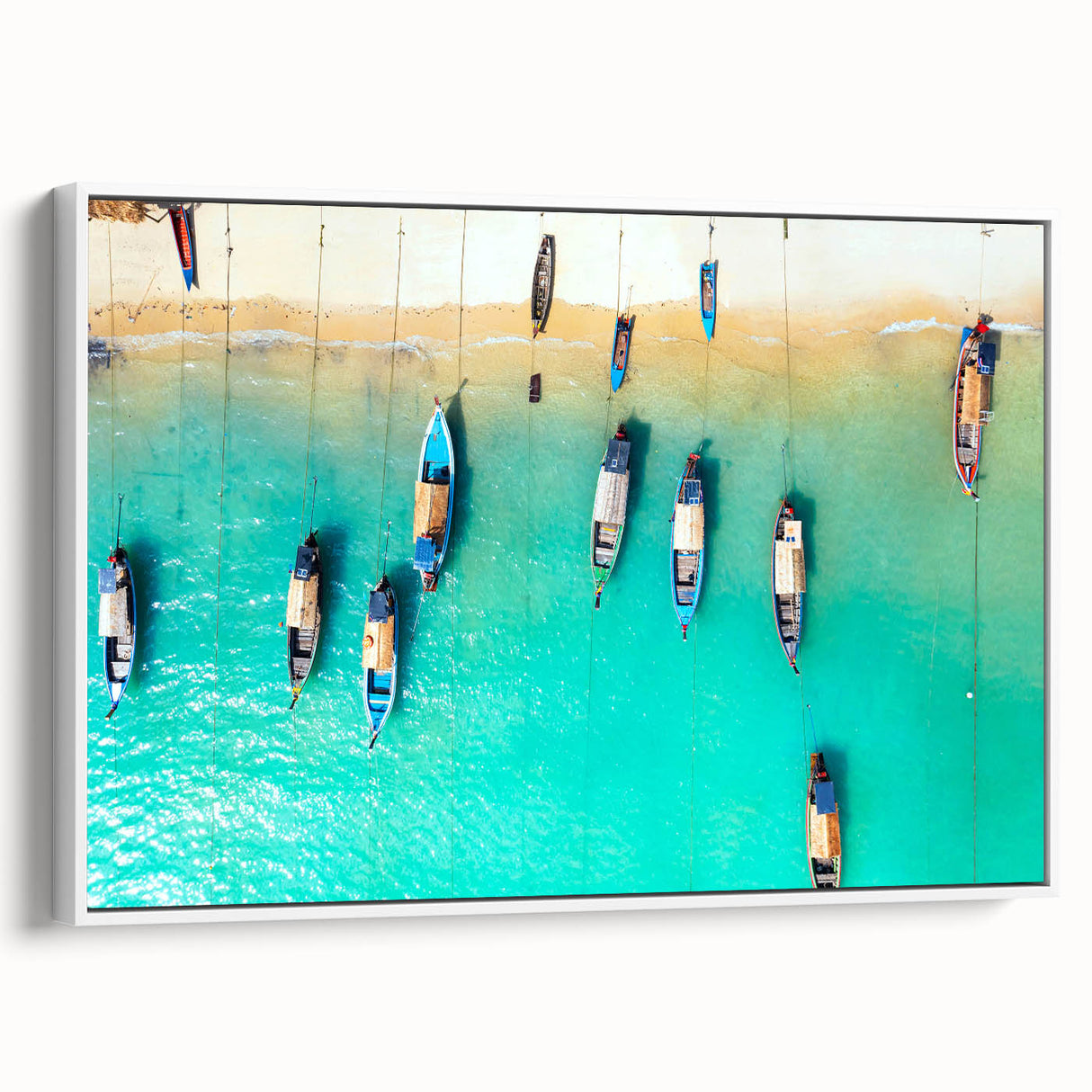 Vintage poster art of Caribbean Cayman scenery on a framed canvas, featuring vibrant blues and greens.