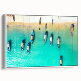 Vintage poster art of Caribbean Cayman scenery on a framed canvas, featuring vibrant blues and greens.