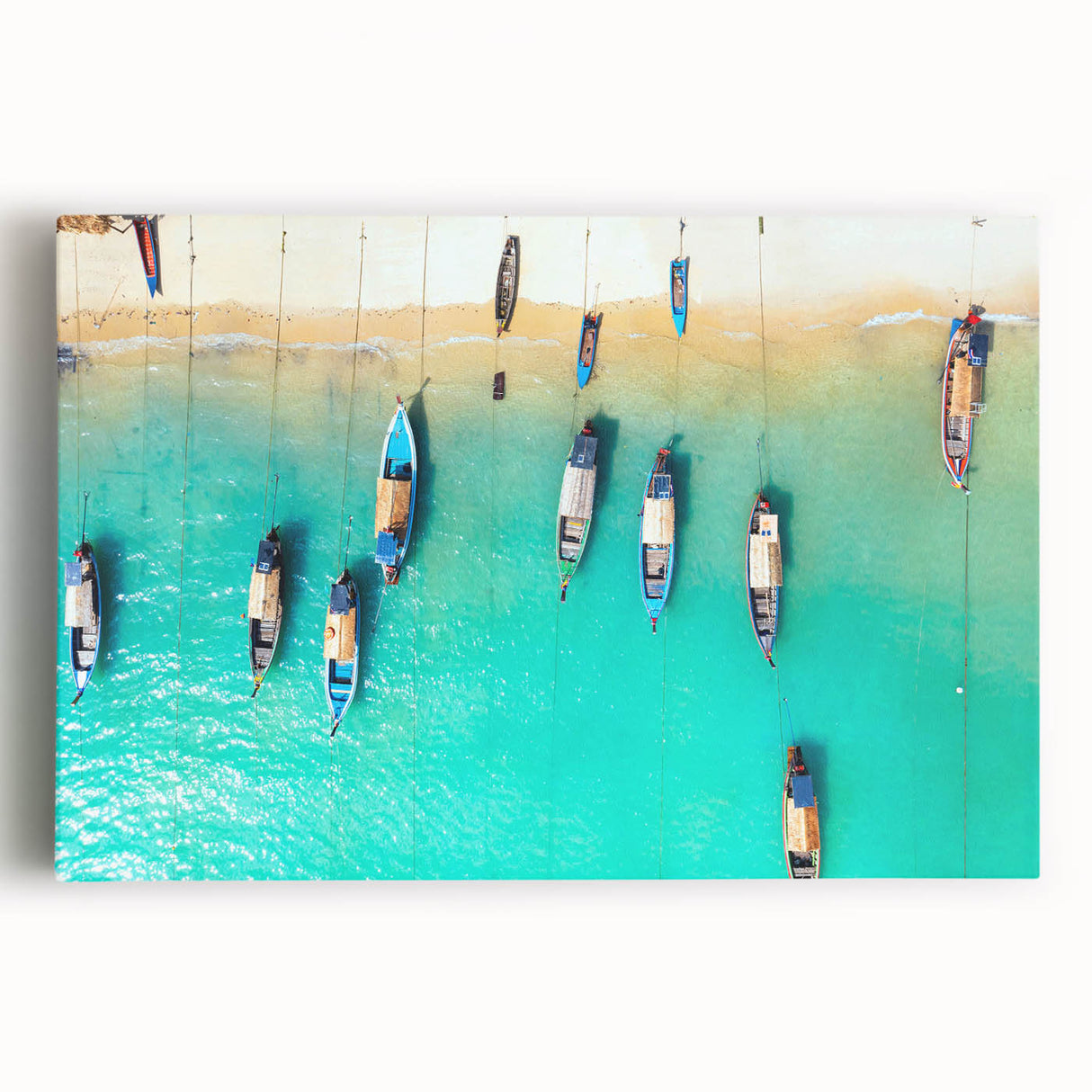Black and white stretched canvas depicting a serene Caribbean beach, ideal for kitchen wall art or bedroom ambiance.