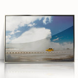 Large art print of a Caribbean Cuban landscape in mid-century modern style, framed in silver acrylic.