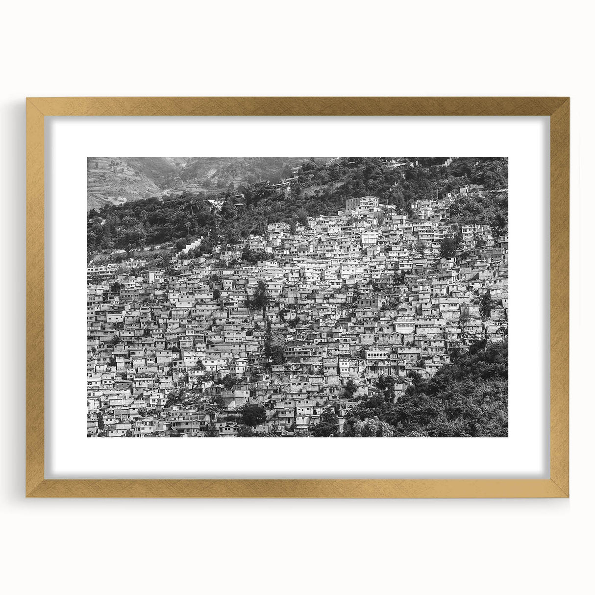 Abstract art print of a Caribbean landscape in gold frame, featuring muted green and blue tones, ideal for dining room decor.