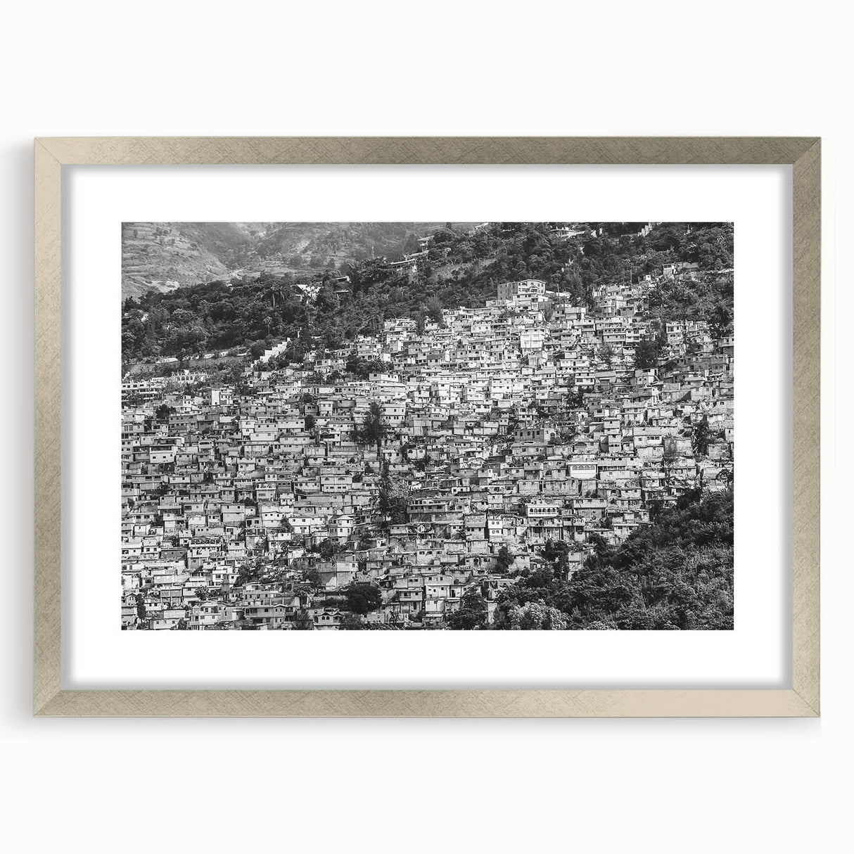 Extra large abstract art print featuring textured Caribbean scenery in muted blue and green, framed in silver.