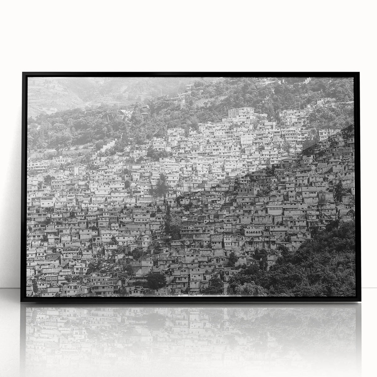 Large abstract wall art featuring Caribbean scenery in muted blues and greens, framed in black acrylic.
