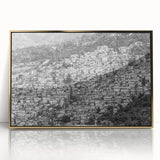 Mid-century modernist art depicting a Caribbean landscape in vibrant tropical hues on a framed acrylic panel.