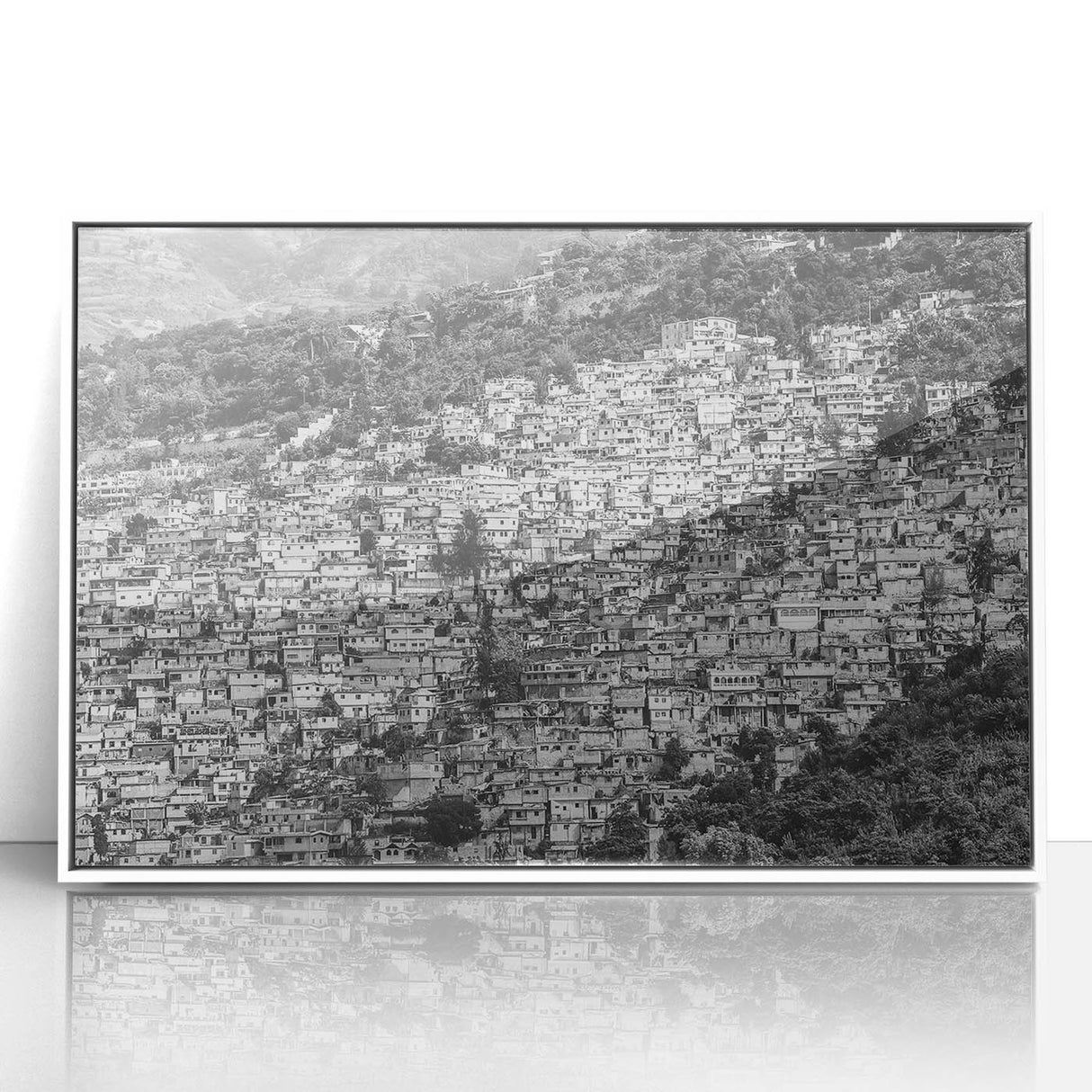 Large art print of a Caribbean scenery in Haiti, depicted in vibrant colors on a white framed acrylic.
