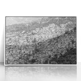 Large art print of a Caribbean scenery in Haiti, depicted in vibrant colors on a white framed acrylic.