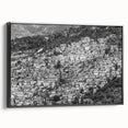 Black and white framed canvas of a Haitian landscape, with vintage poster art style, ideal for bedroom wall decor.