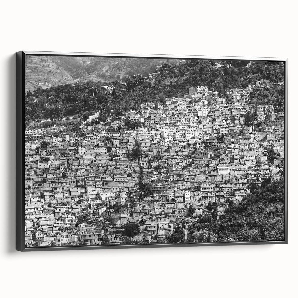 Black and white framed canvas of a Haitian landscape, with vintage poster art style, ideal for bedroom wall decor.