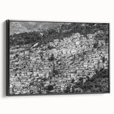 Black and white framed canvas of a Haitian landscape, with vintage poster art style, ideal for bedroom wall decor.