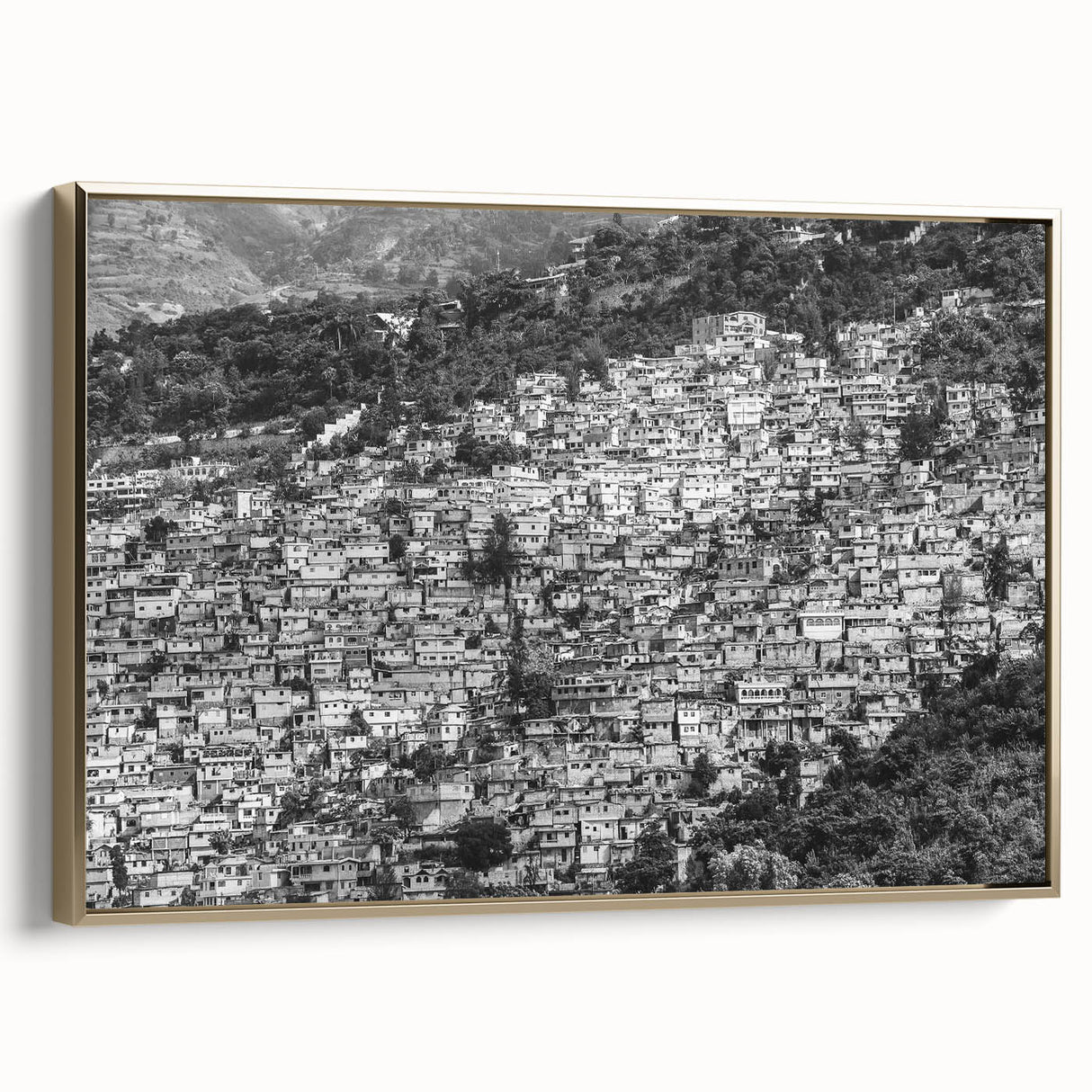 Framed canvas featuring a vintage-style landscape painting of the Caribbean in Haiti with lush greenery and ocean views.