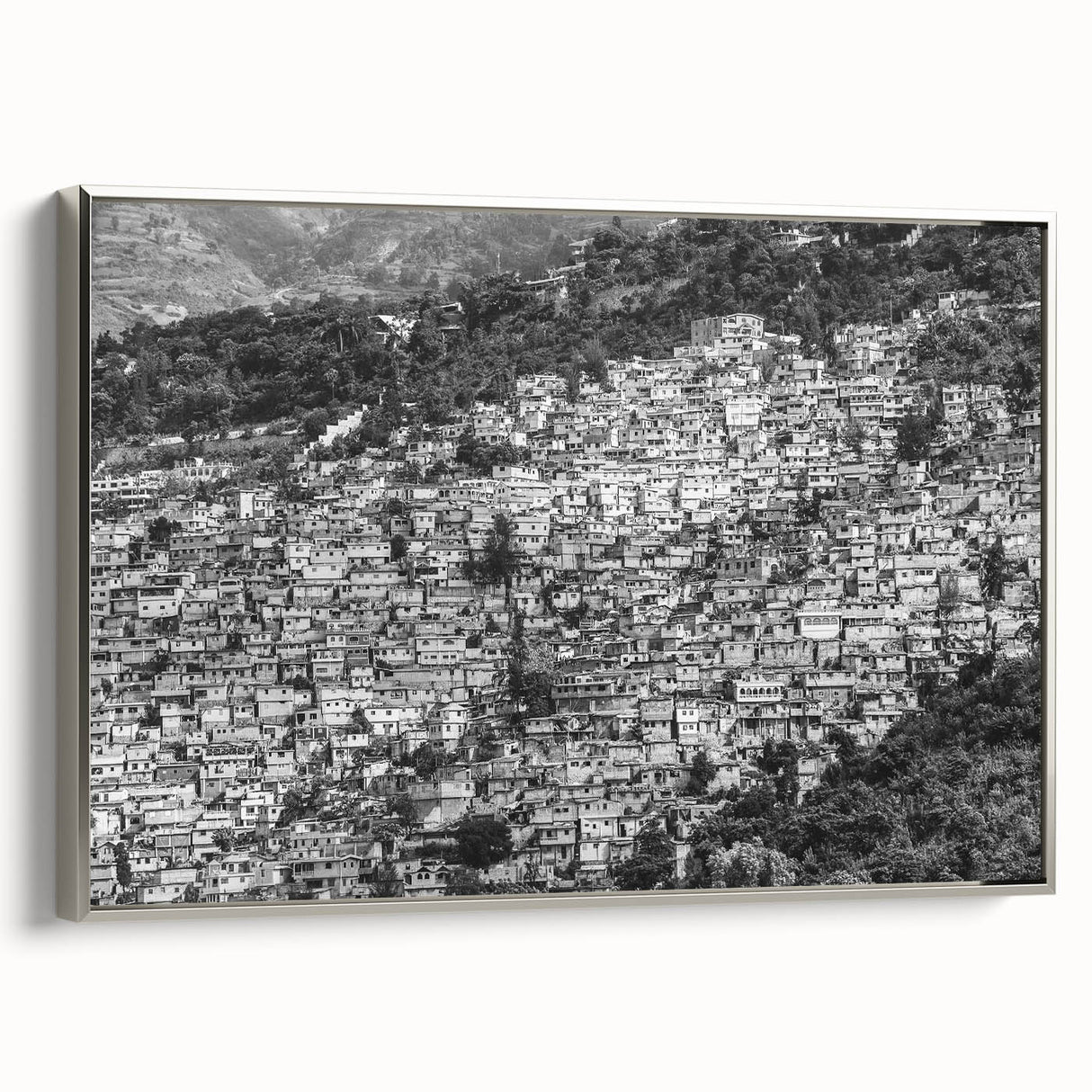 Framed canvas featuring a vintage-style landscape painting of a Caribbean scene with vibrant colors.
