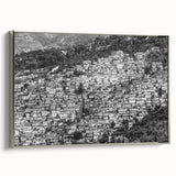 Framed canvas featuring a vintage-style landscape painting of a Caribbean scene with vibrant colors.