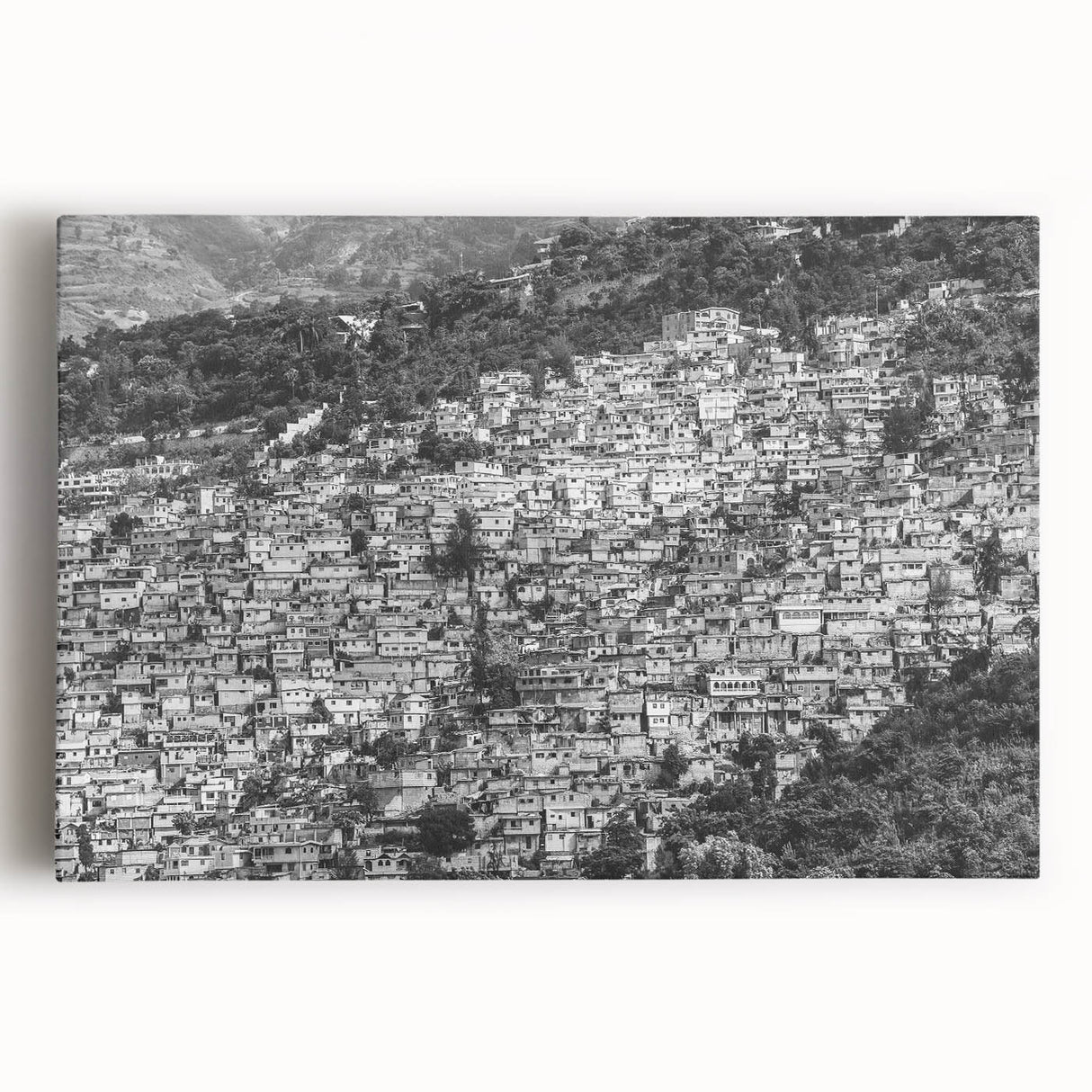 Black and white stretched canvas of a Caribbean landscape, ideal for kitchen wall art or bedroom decor.
