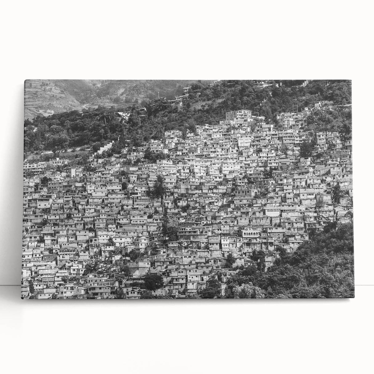 Large black and white print of a Caribbean scenery on stretched canvas, ideal for kitchen wall art.