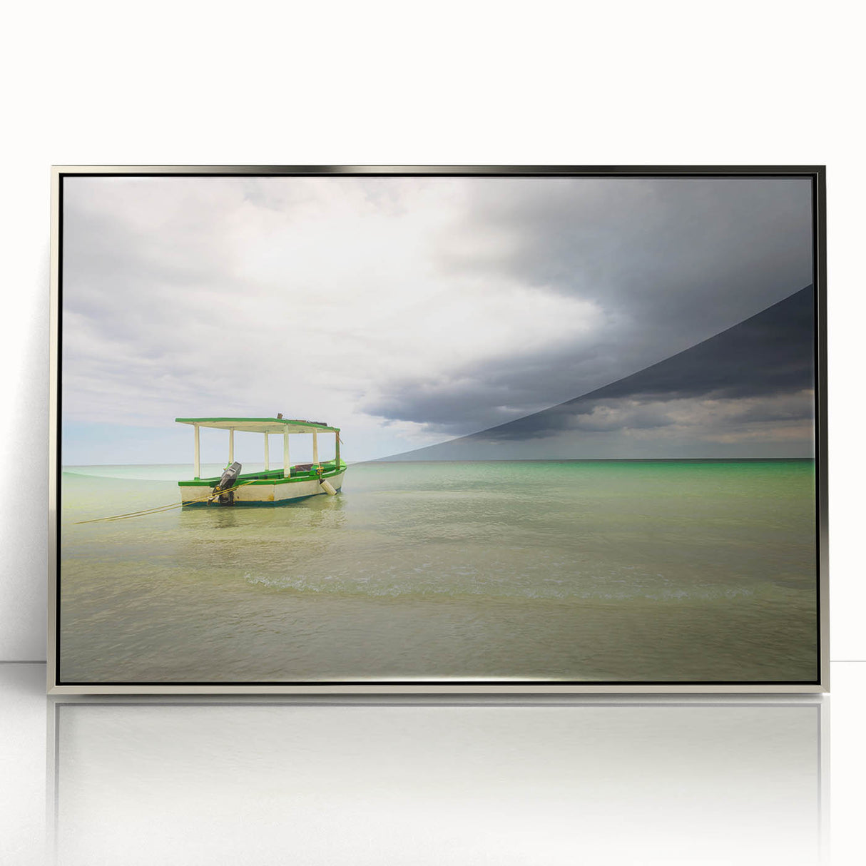 Large art print of a Caribbean seaside scene in muted blue and green tones on framed acrylic.
