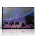 Large abstract wall art depicting a vibrant Caribbean scene in mid-century modernist style, framed in black acrylic.
