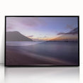Large abstract wall art depicting the Caribbean Saint Lucia scenery in muted blue and green tones, framed in black acrylic.