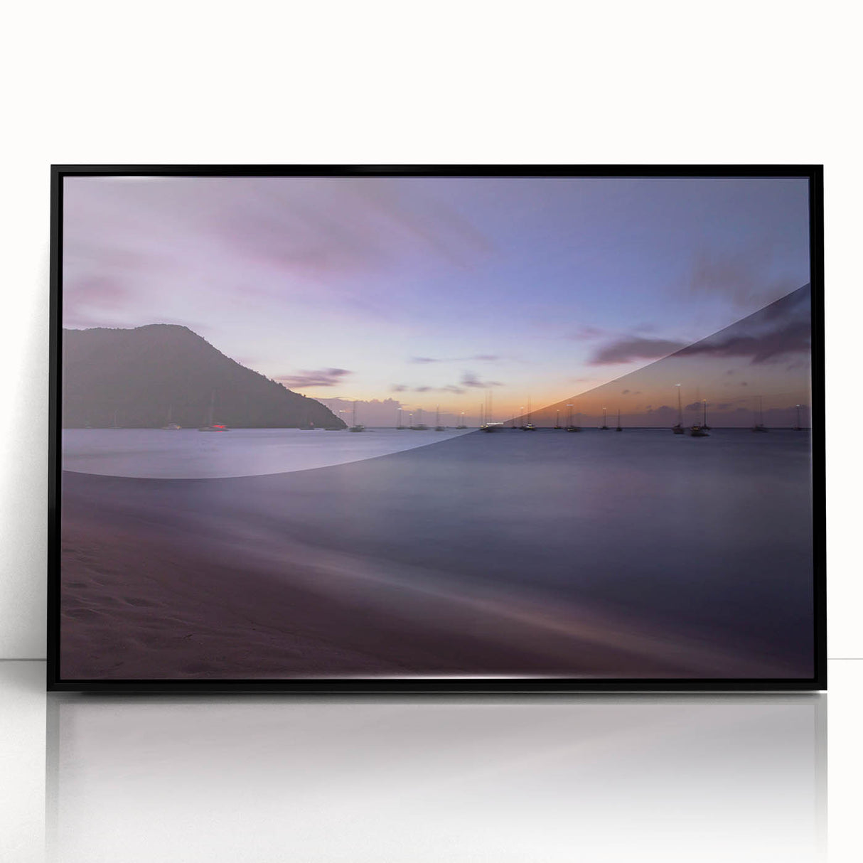 Large abstract wall art depicting the Caribbean Saint Lucia scenery in muted blue and green tones, framed in black acrylic.