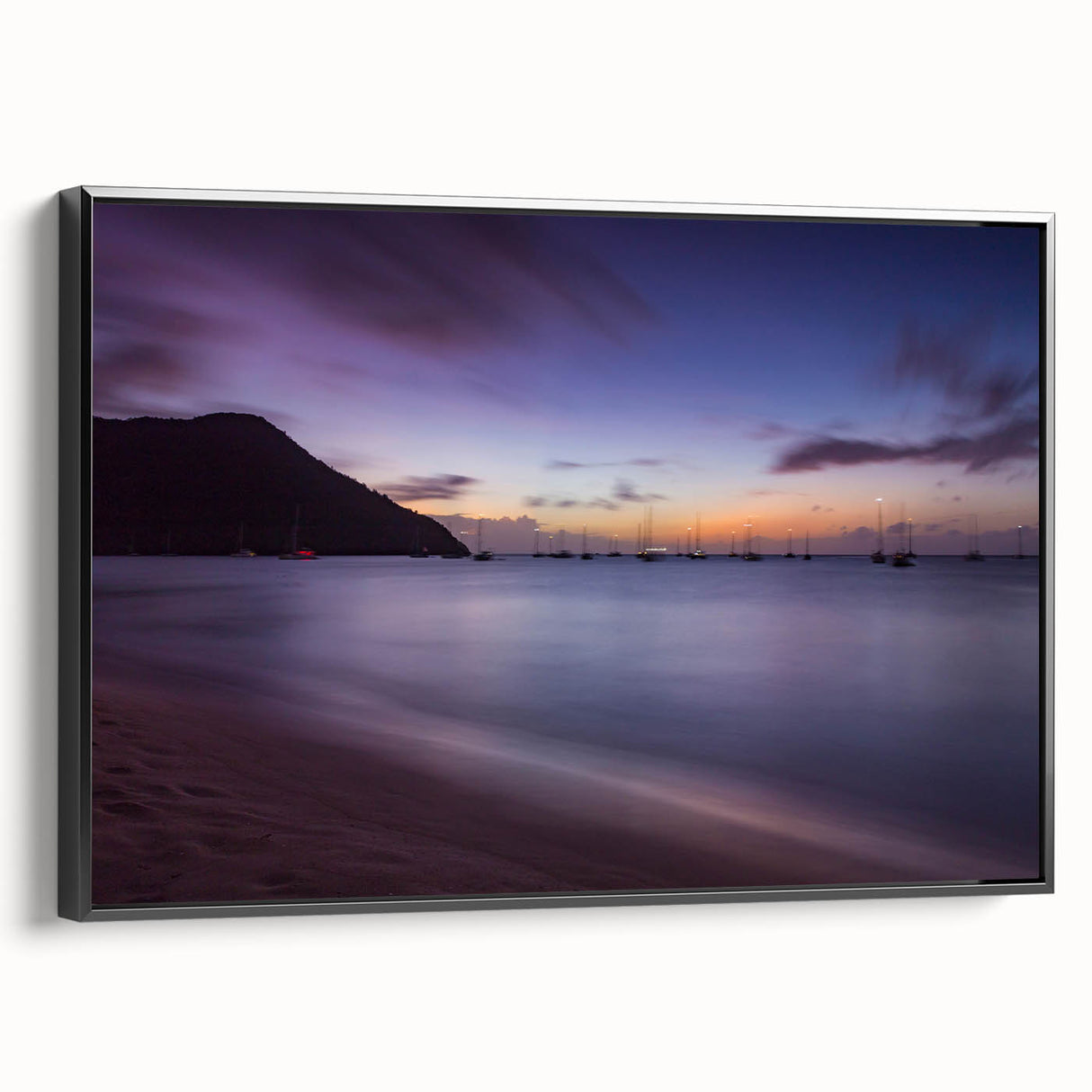 Black and white framed canvas depicting a vintage-style landscape of Saint Lucia, suitable for bedroom decor.