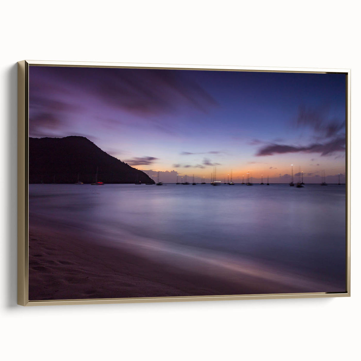 Framed canvas depicting a vintage-style landscape of Saint Lucia with lush greens and ocean blues.